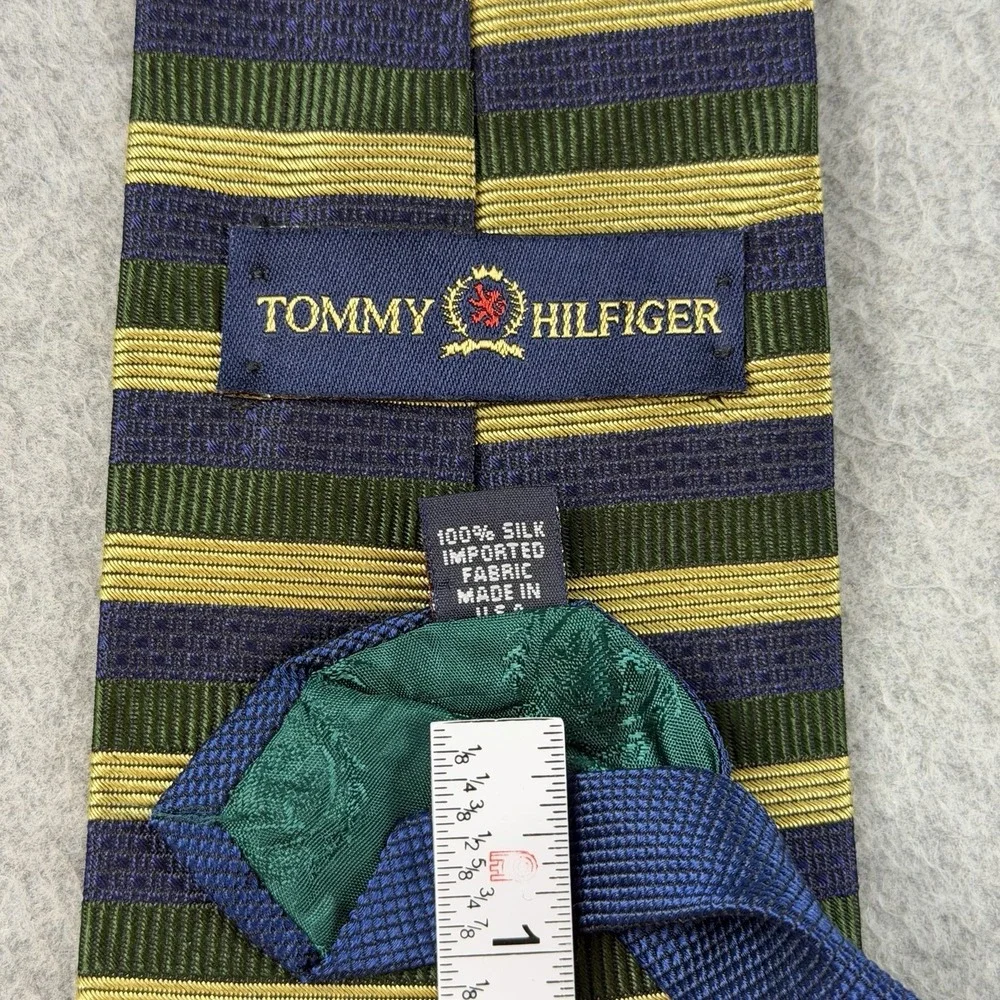 Vintage Tommy Hilfiger Silk Stripe Neck Tie Navy Green Gold USA Classic 58x4